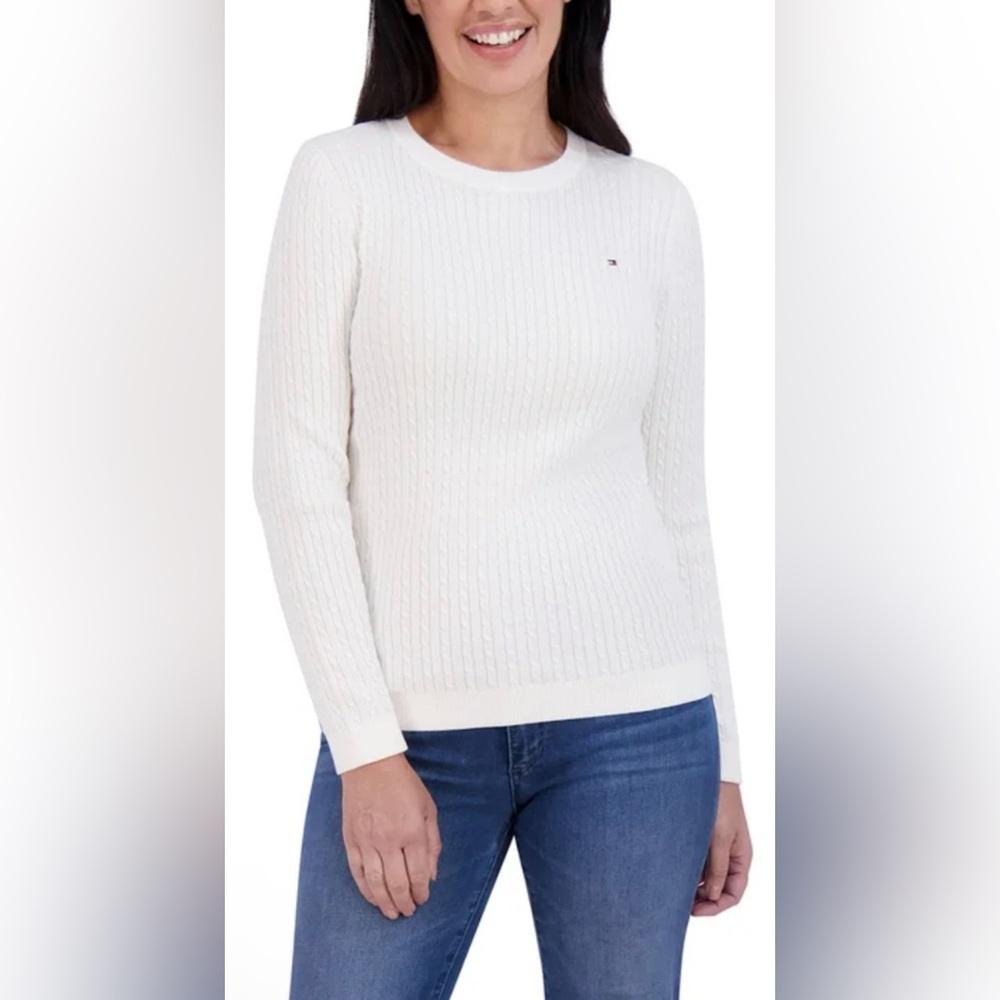 NWT Tommy Hilfiger Classic Women’s White Cable Knit Crew Neck Sweater size XXL